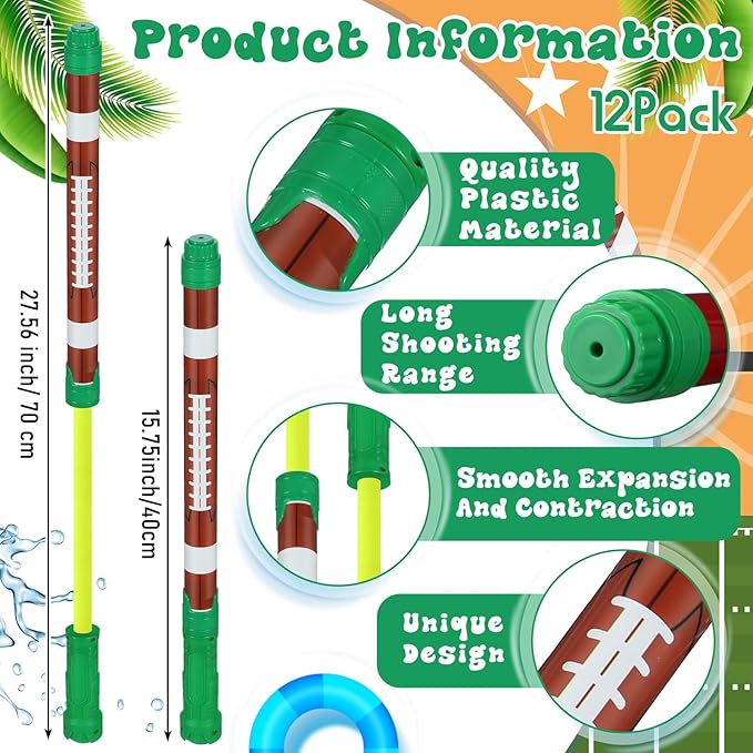 12 Pcs Football Party Favors, 15'' Water Guns Bulk for Kids Water Squirt Blasters Guns, Summer Activity Swimming Pool Backyard Beach Outdoor Toys for Kids Adults, 39 ft Range Shooter
