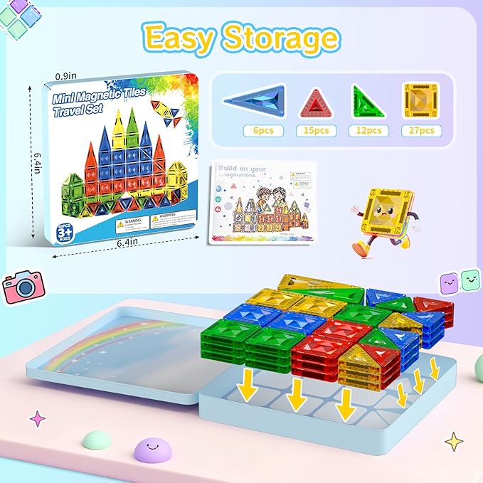 60pcs Mini Magnetic Tiles for Kids Ages 3-8,Travel Magnetic Building Blocks with Metal Storage Box, STEM Educational Toys, Montessori Sensory Learning Toys for Toddlers, Gift for Boys & Girls