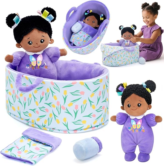 OUOZZZ 10" Baby Doll Accessories, African American Doll Pretend Playset for Social Emotional Learning, Perfect Birthday Toy & Gift for 2 Year Old Girls