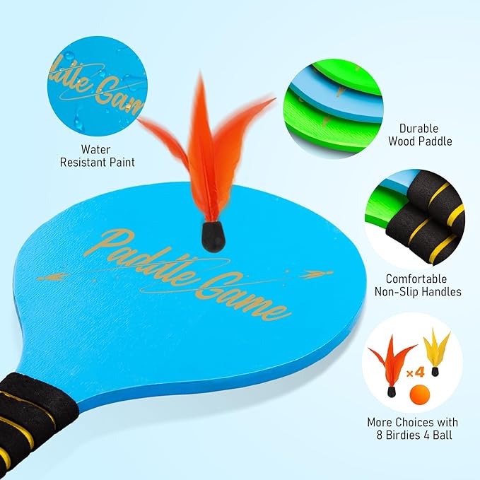 Paddle Ball Set, Outdoor Games for Adults and Family, Badminton Sets for Backyards Yard Game with 4 Rackets 4 Balls 8 Birdies, Beach Toys Pool Lawn Outside Park Camping Family Games Gifts