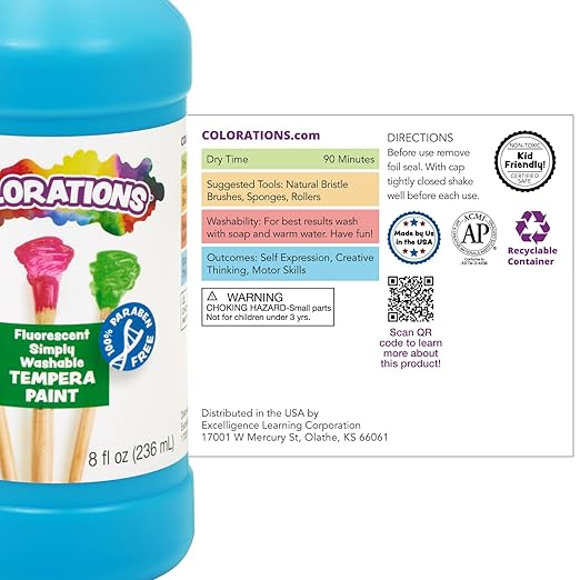 Colorations Paraben-Free Fluorescent Simply Washable Tempera Paint- Set of 6, 8 oz. Each Bottle, Non-Toxic, Classroom Essentials, Arts and Crafts Supplies for Kids and Adults