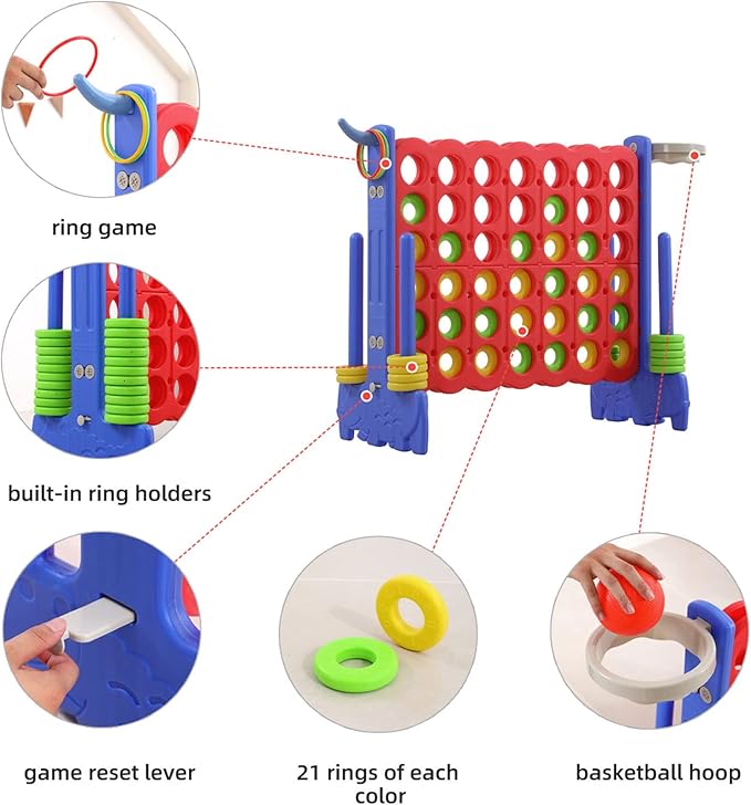 UNICOO Giant 4-in-a-Row Game with Carry Bag, 3-in-1 Jumbo 4-to-Score Outdoor Yard Game with Basketball Hoop, Ring Toss, Quick-Release Slider, 42 Rings, Family Party Game for Kids & Adults