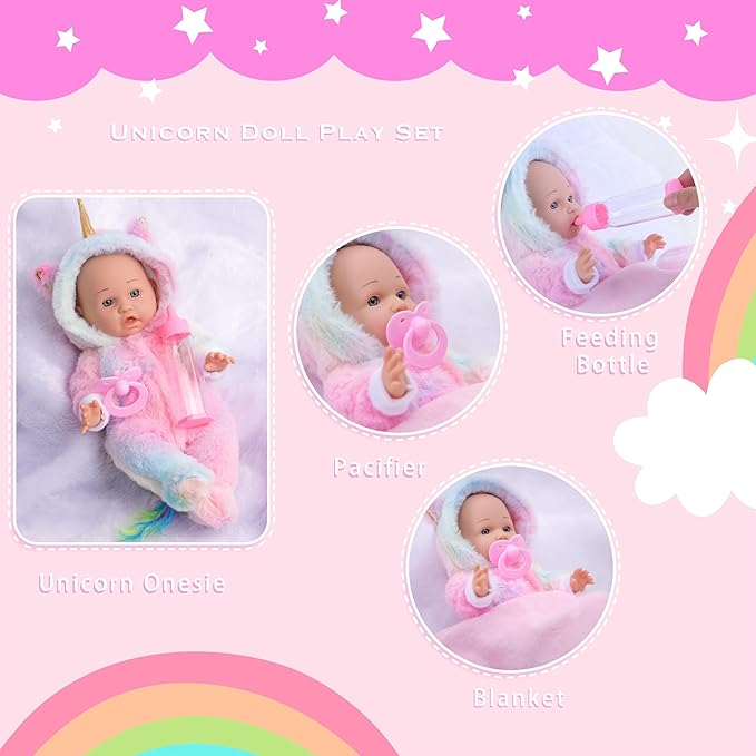 12 Inch Baby Dolls with Unicorn Clothes In Gift Box, With Doll Accessories Unicorn Onesie Clothes Feeding Bottle Pacifier Blanket, Play Set Toy for 3 4 5 6 Years Toddlers, Christmas Birthday Ideal