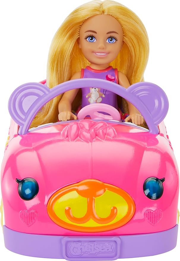 Barbie Chelsea Toy Car Set with Bear-Themed Convertible & Teddy Bear Accessory, Blonde Small Doll Wears Removable Skirt & Shoes
