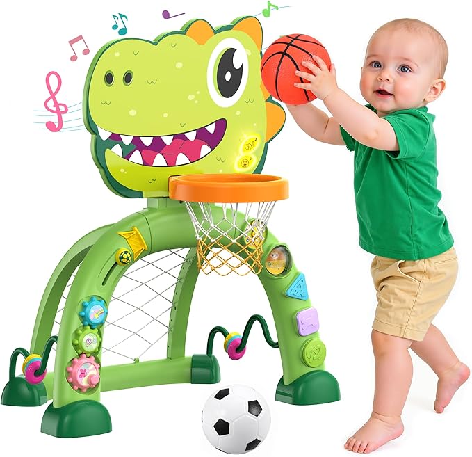 Dinosaur Toddler Basketball Hoop & Soccer Goal Montessori Toys for Baby 12-18 Months,Twinkoo 1, 2, 3+ Year Old Gift Toys for 1 Year Old Boy and Girl(Green)
