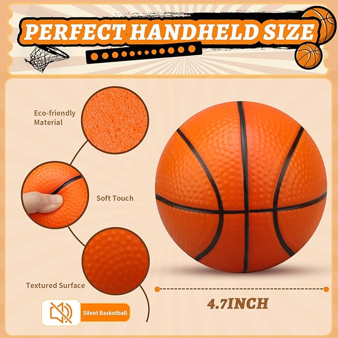 Mini Foam Basketball Replacement Ball for Indoor Hoop, Orange Silent Soft Squeeze Stress Ball Quiet Bouncy Toy for Kids Toddler, Beach Pool Indoor Outdoor