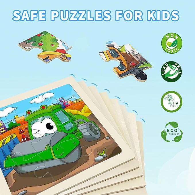 Wooden Puzzles for Toddlers, 8 Pack Vehicle Car Construction Jigsaw Puzzles for Kids Ages 3-5, 9 Pieces Puzzles for Kids Ages 4-6 Preschool Learning Activities, Educational Toys Gift for Boys