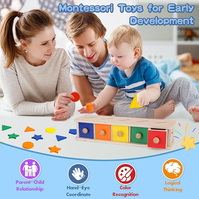 Peacurh Montessori Toys Wooden Color & Shape Sorter Toys for Toddlers 1-3, Matching Box Sorting Blocks Manipulatives Preschool Learning Educational Toy for 1 2 3 4 Year Old Boy Girl Kid Gifts