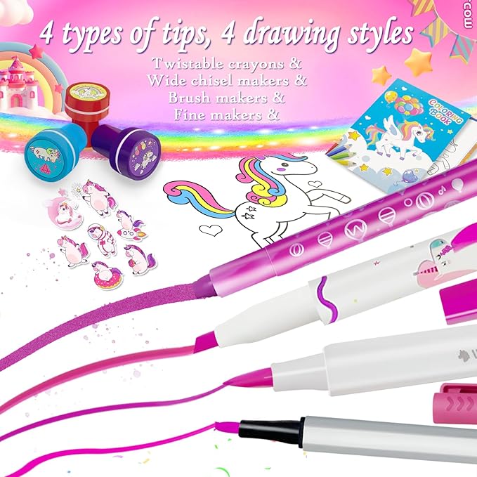 56 PCS Washable Scented Markers with Glitter Pencil Case, Mermaid Unicorn Arts and Crafts for kids 4-6-8 Kids Coloring Drawing Kits for 4-8 Years Old Girls Xmas Gifts Stocking Stuffers (Pink, 56)