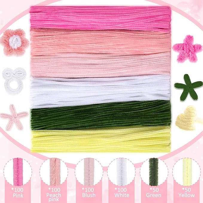Peryiter 500 Pieces Pipe Cleaners Chenille Stems for Flowers Craft Supplies Bulk Fluffy Fuzzy Sticks for DIY Art Projects Creative Gift Wrapping Party Decorations(Pink Flower,12 Inch)