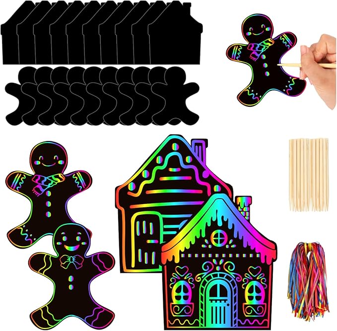 JarThenaAMCS 60 Pcs Christmas Scratch Paper Craft Kits Gingerbread Scratch Cards Ornaments with Ribbon & Wood Styluses for Xmas Party DIY Crafts Painting Supplies