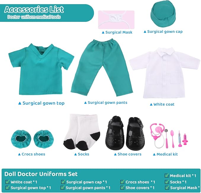 MSYO 18-Inch Doll Doctor Playset-Pretend Play Medical Kit with White Coat,Scrubs & Surgical Tools,STEM Roleplay Costume for Kids Ages 3-12,Fits Most 18-Inch Girl & Boy Dolls(Green)