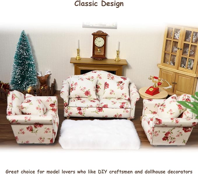 Dollhouse Couch with Pillow 1 12 Scale Miniature Sofa Arm Chair Living Room Furniture Wooden Fabric Frame Single Reading Chair Artificial House Room Scene Decoration (White Floral)
