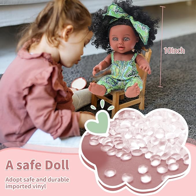 10 INCH Black Baby Doll Toy with Accessories - African American Baby Dolls in Gift Box - Ideal Holiday, Christmas, Birthday Gift for 3 Year Old Girls - Soft Body Black Dolls for Toddlers