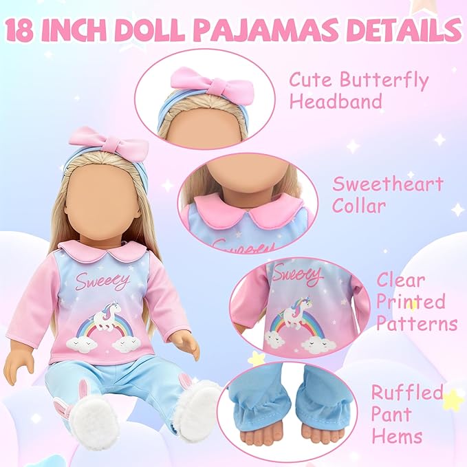 American 18" Doll Clothes and Sleeping Bag Accessories Set, Sleepover Outfit Fits 18 inch Dolls Include Pony Costume, Purple Pillow, Eye mask, Bunny Shoes, Animal Toy Gifts for Girls (No Doll)