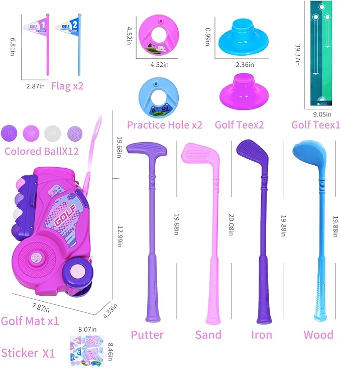 Nattork Toddler Golf Set with Putting Mat for Boys Girls Aged 1 2 3 Years Old, Upgraded Kids Golf Cart with 4 Clubs & 12 Balls, Outdoor Indoor Sports Toy Birthday Gift, Rose