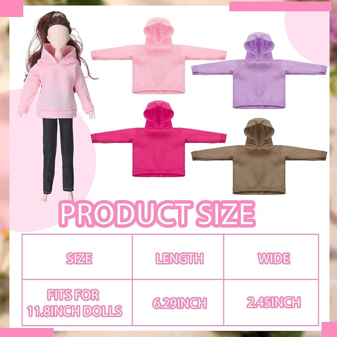 Bencailor 4 Pcs Doll Clothes Winter Sweater Hoodie Accessories Cute Hoodie Clothing Set (Pink, Purple, Rose Red, Brown,11.5 Inch Doll)