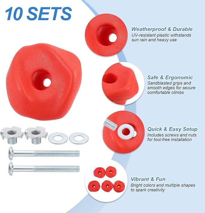 PATIKIL Rock Climbing Holds, 10 Pcs Climbing Rock Wall Grips Play Set Climber Attachments with Single Holes for Playground Accessories Indoor Outdoor Tree Training, Red A