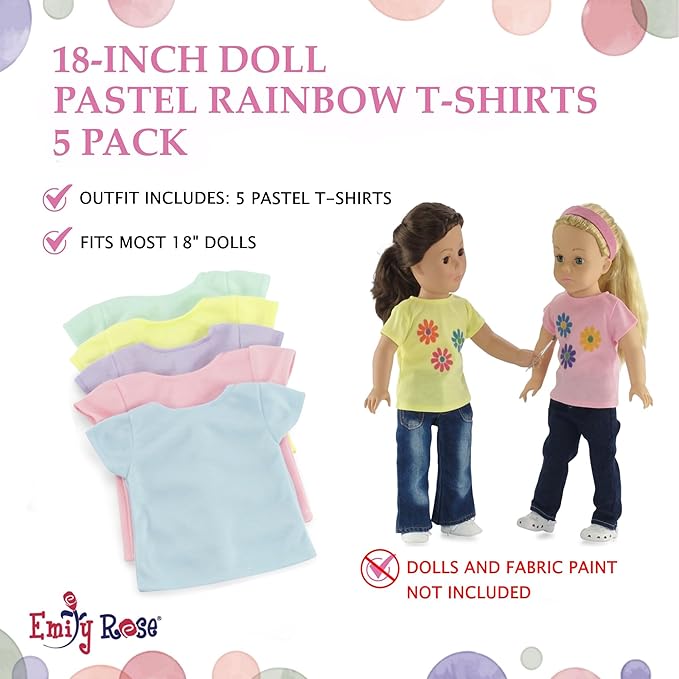 Emily Rose 18-Inch Doll Clothes 5-Pack Pastel T-Shirts - DIY Craft Kit with Pink, Blue, Green, Yellow & Purple Tees Boxed USA Brand