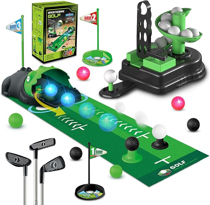 Upgraded Kids Toy Golf Set, 3 in 1 Golf Toys with Dinosaur Automatic Ball Returner & Ball Launcher Led Light Up Balls, Mini Golf Toy for Ages 3-8, Indoor Outdoor Sports Gift for Boys Girls
