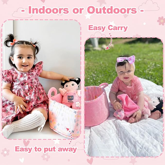 OUOZZZ 10" Soft Baby Doll Set with Plush Doll, Bassinet, Blanket and Bottle, Pretend Playset for Emotional Social Education Asian Doll for 2 Year Olds Girls Perfect Birthday Toy