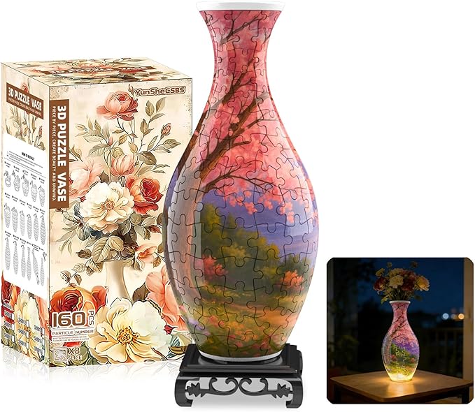 3D Puzzles Vase for Adults, Crafts for Adults, 160 Pieces Plastic DIY Unique Flower Vase with LED Light House Warming Gift Birthday Gifts for Flower Arrangements and Home Decor (Cherry Blossoms)