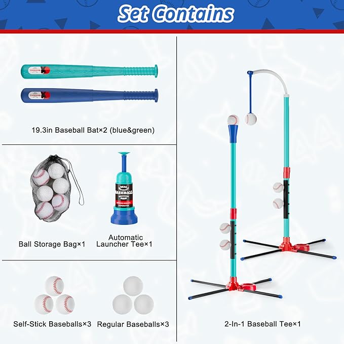 3-in-1 T Ball Set for Kids: Hanging Batting Tee + T Ball Stand Set Auto BaseBall Launcher for Toddlers & Youth Adjustable Height with 2 Bats 6 balls Outdoor&Indoor Toys Sports Gifts for 3-12 years old