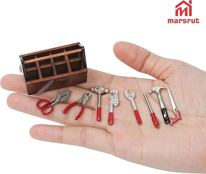 Miniature Tool Box Dollhouse 1/12 Scale Kit Set, 8Pcs Metal Working Tools with Mini Wood Toolbox, Doll Garage Accessories, Tiny Model for House Building, Garden Outdoor Repair, Rustic Farm Crafts