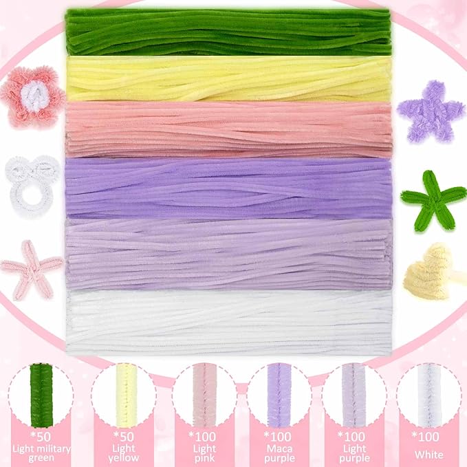 Peryiter 500 Pieces Pipe Cleaners Chenille Stems for Flowers Craft Supplies Bulk Fluffy Fuzzy Sticks for DIY Art Projects Creative Gift Wrapping Party Decorations(Pink & Purple Flower,12 Inch)