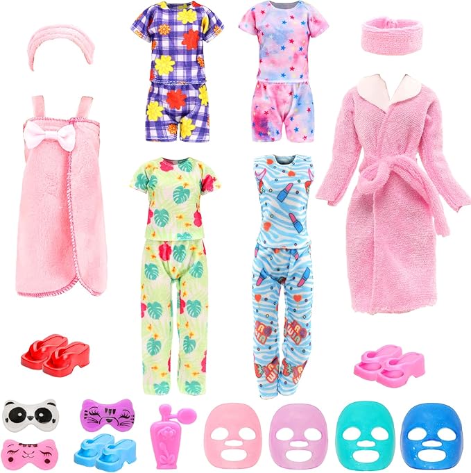 23 Pcs Doll Clothes and Accessories Including 6 Sets Bathrobes Pajamas, Towels, Headband, 3 Slippers and 8 Toiletries Accessories for 11.5 inch Girl Doll