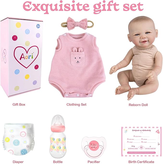 Aori Realistic Reborn Baby Dolls - Weighted Lifelike Newborn Baby Girl with Flexible Limbs, Cute Soft Body Reborn Doll Set with Outfit for Kids 3+, Parents, Elderly and Collectors