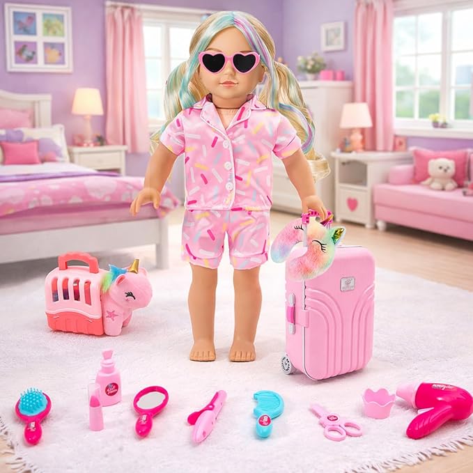 American 18 Inch Doll Accessories Sleepover Pajama Set with Travel Suitcase, Doll Accessories Bundle, Wigs, Sunglasses, U-Shaped Unicorn Pillow(No Doll)