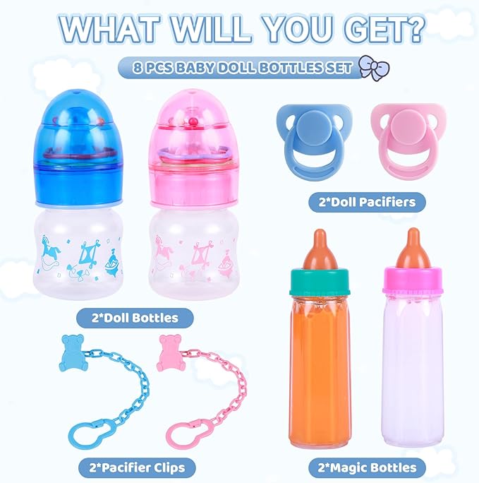 BABESIDE Baby Doll Bottles with Disappearing Milk and Juice Magic Bottles, Magnetic Pacifiers and Pacifier Clips Chain for Reborn Baby Dolls Girls & Boys, 8 Pcs Baby Doll Accessories Set