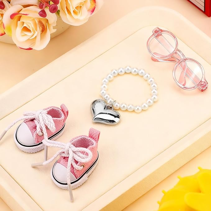 Doll Outfit Set, Adorable Pink Glasses & Heart-Shaped Necklace & Cute Canvas Shoes for Dolls Clothing Accessories Decoration or Collection