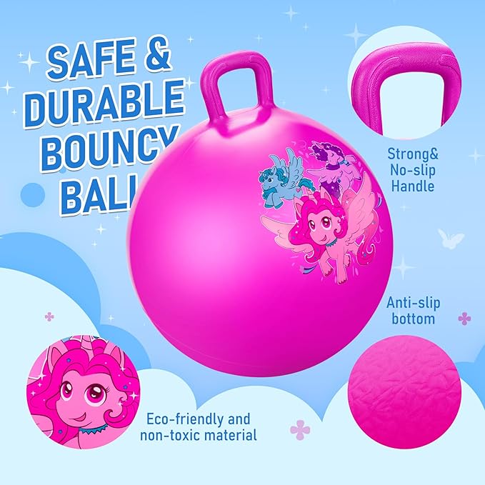 U&C Planet Hopper Ball 18 inches Bouncy Ball with Handle for Kids Age 3-6 Hoppity Hop Sit and Bounce Jumping Hopping Toy with Pump and Gift Box Great Gift for Easter Basket Stuffers, Pink