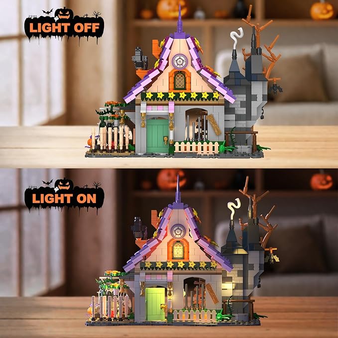 Magic House Set for Witches and Witches Building Set with Lights, Over 1200 Halloween Haunted House Building Blocks for Kids and Adults 14 Halloween and Christmas (The Magical Retreat of The Witch)