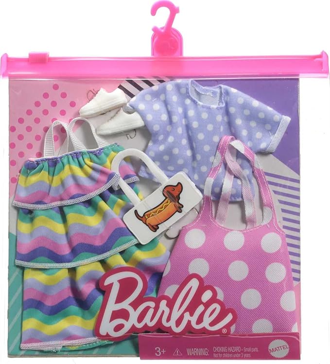 Barbie Fashions 2-Pack Clothing Set, 2 Outfits Doll Include Pink Polka-Dot Jumper, Purple Polka-Dot Top, Striped Dress & 2 Accessories, Gift for Kids 3 to 8 Years Old, White