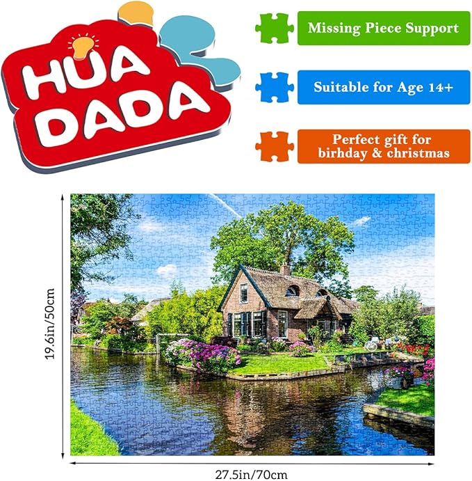 Jigsaw Puzzles for Adults 1000 Pieces, Giethoorn Village Interlock Perfectly Letter on Back No Dust, Home Decor Party Toy for Men Women Elders Seniors (27.5"x19.6"), 1:1 Poster