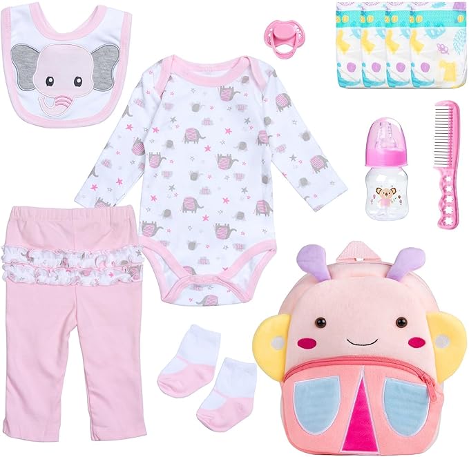Reborn Baby Doll Clothes for 18-20 Inch Reborn Doll Clothes Accessories Pink Elephant Babydoll Butterfly Diaper Bag Girl 12 Pcs