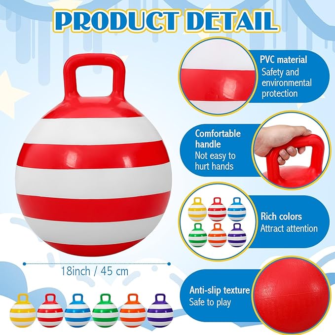 Jerify 6 Pcs 18 Inch Hopper Balls Hopping Jumping Outdoor Bouncy Ball with Handles Carnival Outdoor Games Inflatable Striped Bouncing Ball Ride on Toys for Indoor Sports Exercise