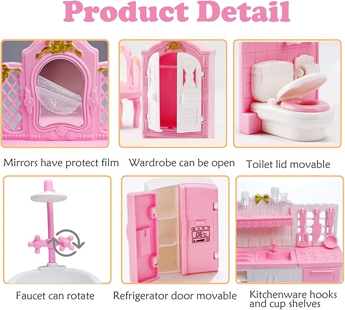 75 Pcs Dollhouse Furniture Set Accessories,Small Dollhouse Miniature Pretend Play Family Toys Gift,Toddler Boy Girl Kid 3Y+ Mini Bedroom/Livingroom/Bathroom/Kitchen/Infant Room Kit