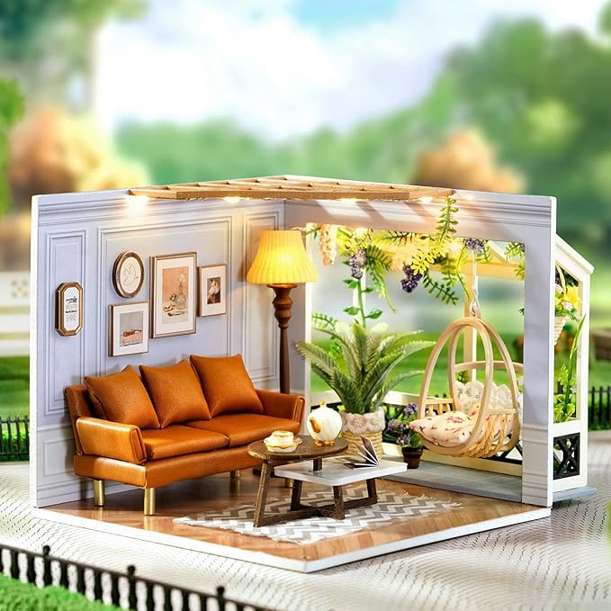 TuKIIE DIY Miniature Dollhouse Kit with Furniture, 1:24 Scale Creative Room Mini Wooden Doll House Accessories Plus Dust Proof for Kids Teens Adults(Warm Moment)