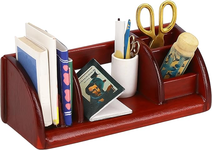 1/6 Dollhouse Stationery Miniature Office Accessories Set, WineRed Mini Desk Furniture Accessory for Doll House Supplies, 1:6 Scale