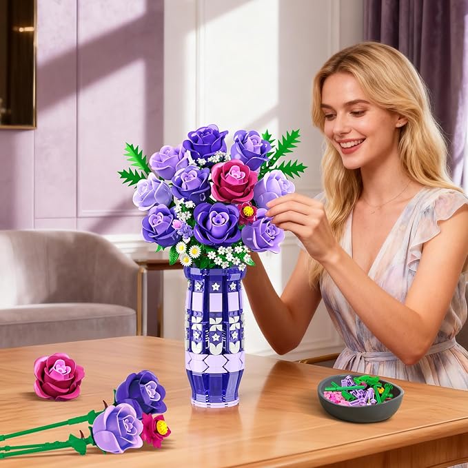 Purple Roses Flowers Building Set with Vase & LED Light, 17 Mini Flowers Bouquet Building Blocks Toy for Adults, Artificial Flowers for Home Office Decor & Display, Gifts for Women & Men