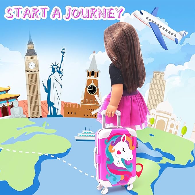 HAPGFS American 18 Inch Doll Accessories Travel Set Including Suitcase Luggage and Dress, Camera Computer Phone Neck Pillow Sunglasses Dolls Travel Gear Play Set Gift for Birthday (NO Doll)