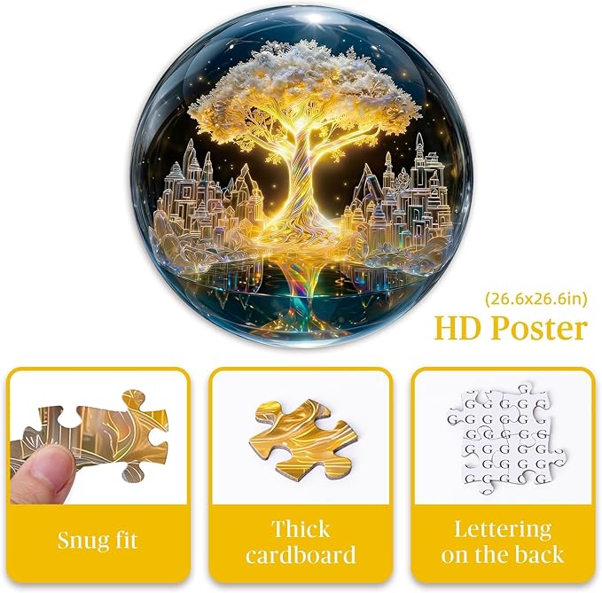 Round Jigsaw Puzzle 1000 Pieces - Tree of Life in Crystal Ball - 26.6" Fantasy Galaxy Design, Neon-Style Aesthetic Art, Mindful Activity Gift for Adults & Teens