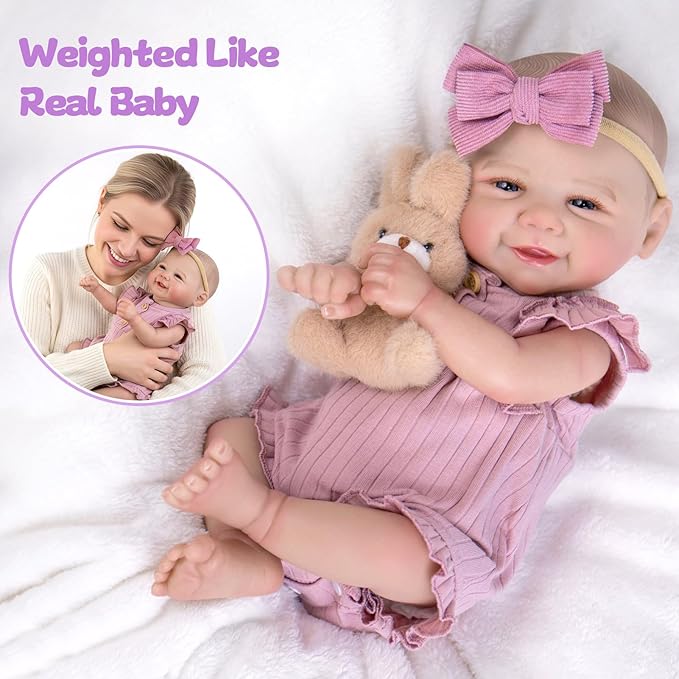 Aori Lifelike Reborn Baby Dolls - 20 Inch Realistic Smiling Girl Newborn Baby Doll with Weighted Body for Cuddling Poseable Soft Vinyl Limbs with Purple Outfit Set for Girls 3+