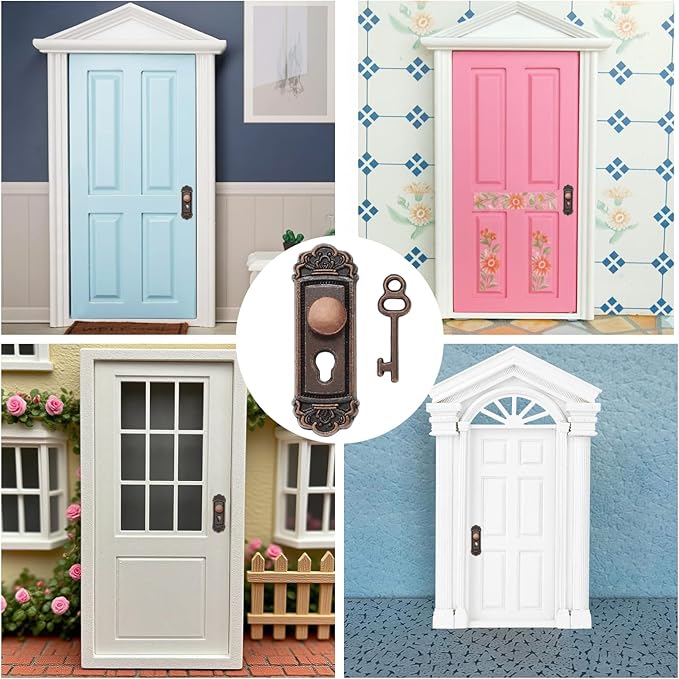 2PCS 1/12 Scale Miniature Door Knob Fittings with Handle Key Set for Dolls House