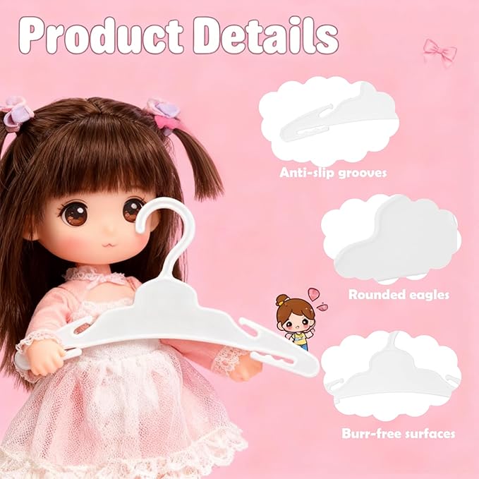 24 Pcs Doll Clothes Hangers for 18-Inch Dolls - Non-Slip, Space-Saving Wardrobe Accessories for Doll Gowns & Outfits (White&Pink)