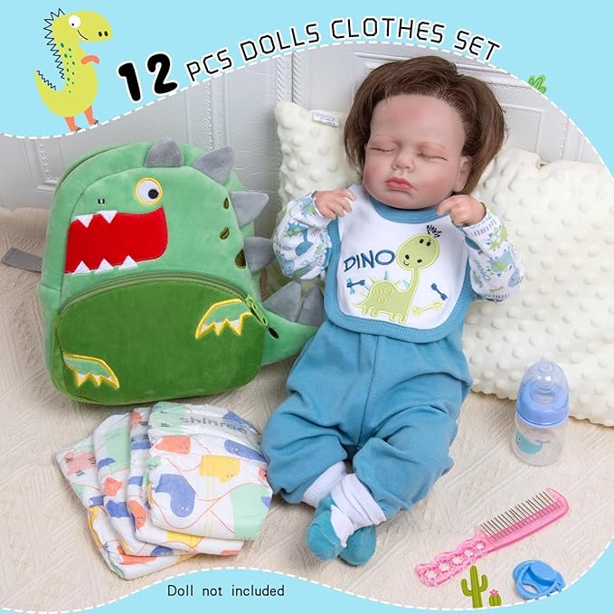 12 Pcs Reborn Baby Doll Clothes Boy Blue Dinosaur Outfit Accessories for 17-22 Inch Reborn Dolls Newborn Baby Boy Clothes Set with Backpack Diaper
